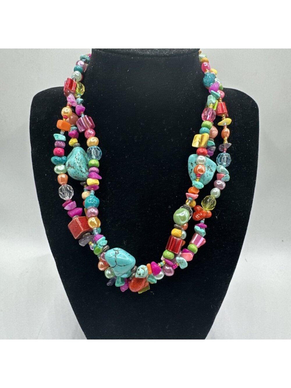 3 Strand Multicoloured Shell Nugget Natural Stones Crystal Bead Necklace 16”3”ex